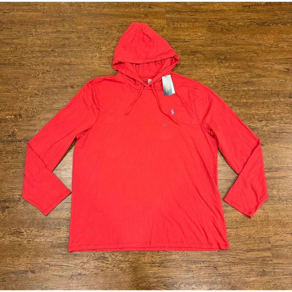 Polo Ralph Lauren Red Lightweight Pullover Hoodie Sweatshirt T Shirt Men's 2XL